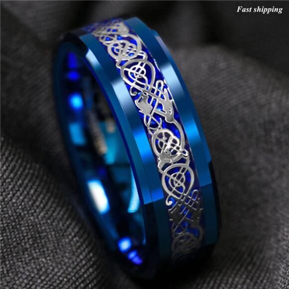 Men's Wedding Band Ring - Blue Celtic Dragon Carbon Fiber - Wedding Rings - Picture 2 of 6